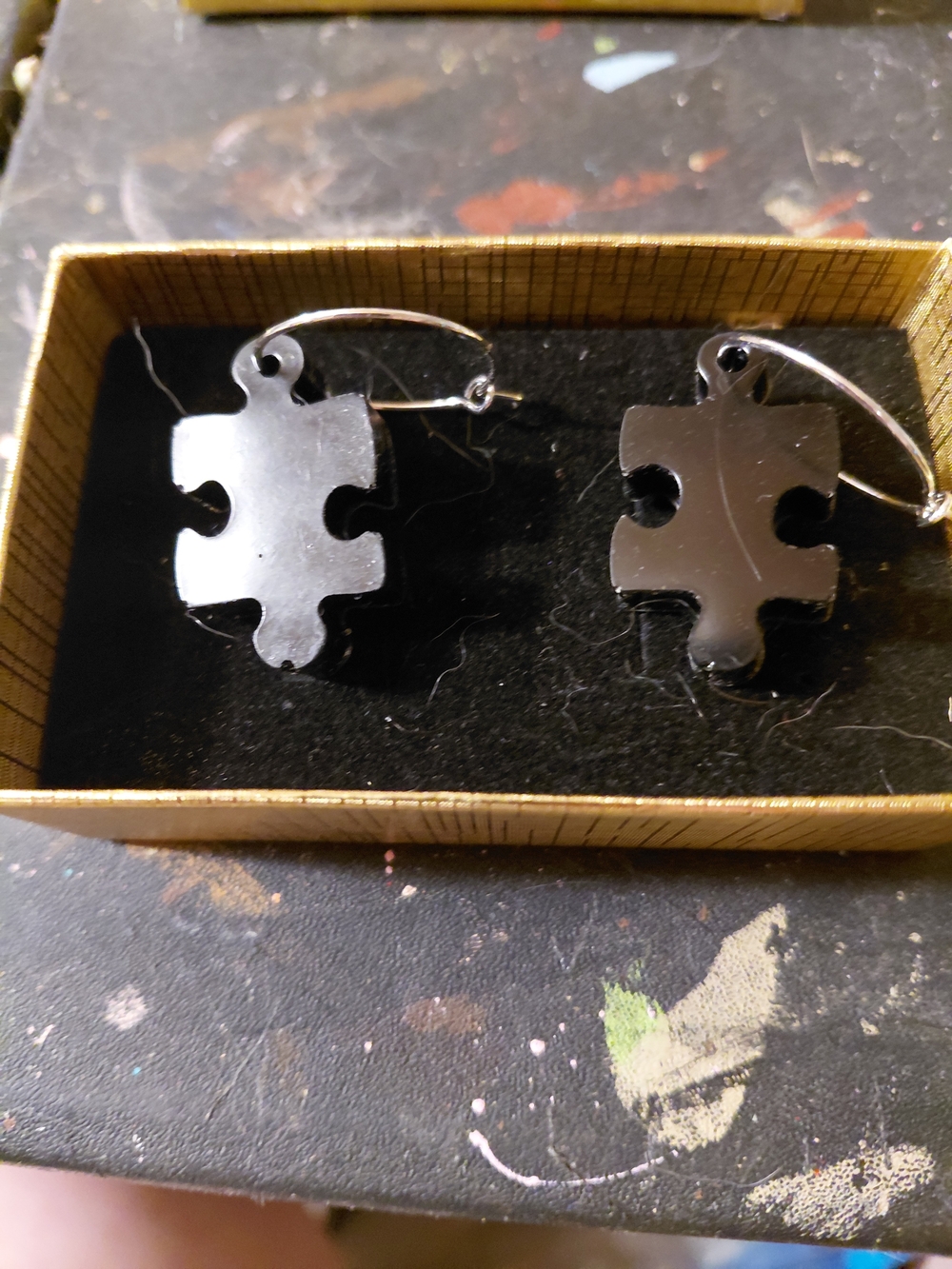 Puzzle Piece Hoop Earrings - Black Metal Accent